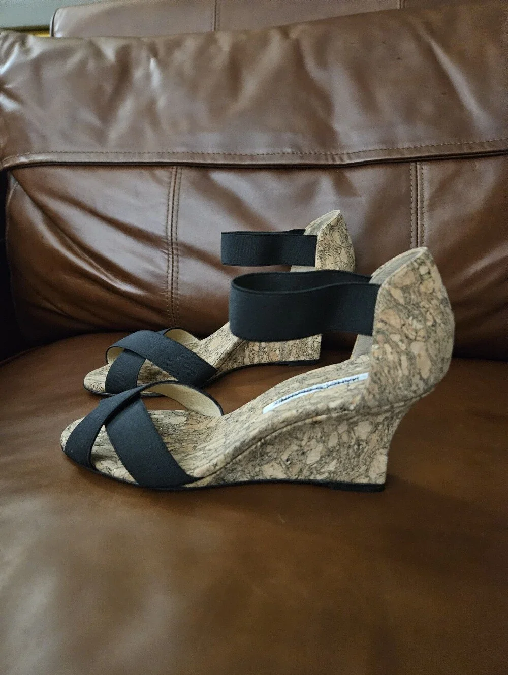 Manolo Blahnik Black Cork Wedge Sandals Heels EU 37